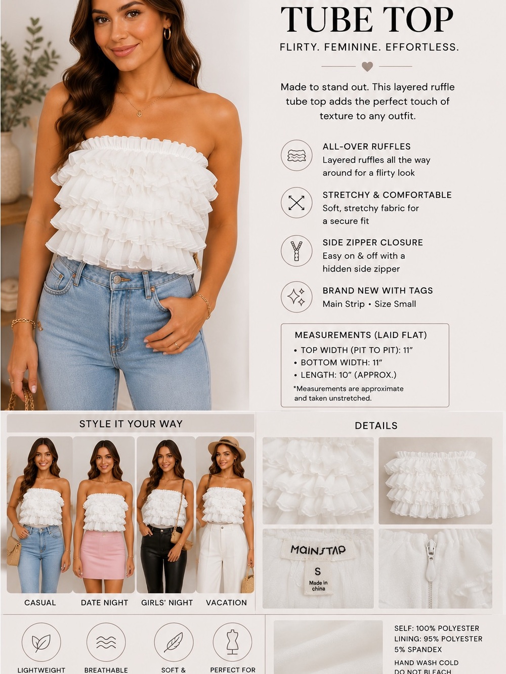 Main Strip White Ruffled Strapless Tube Top